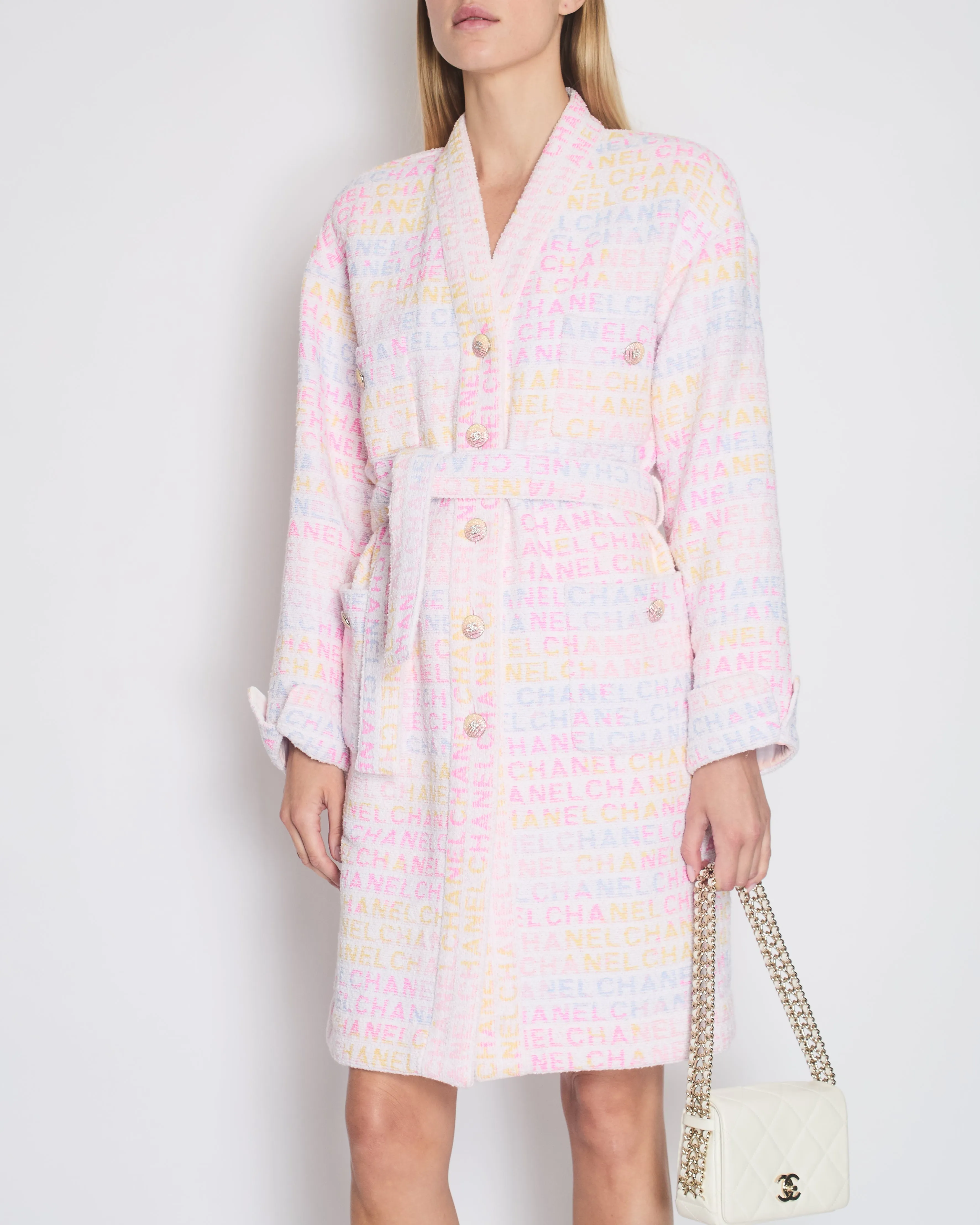 *super Hot*trendy Inspired  Chanel Resort 2024 Pink & White Robe Coat With Belt & Multi-coloured Chanel Logo Details Size Fr 36 (uk 8)