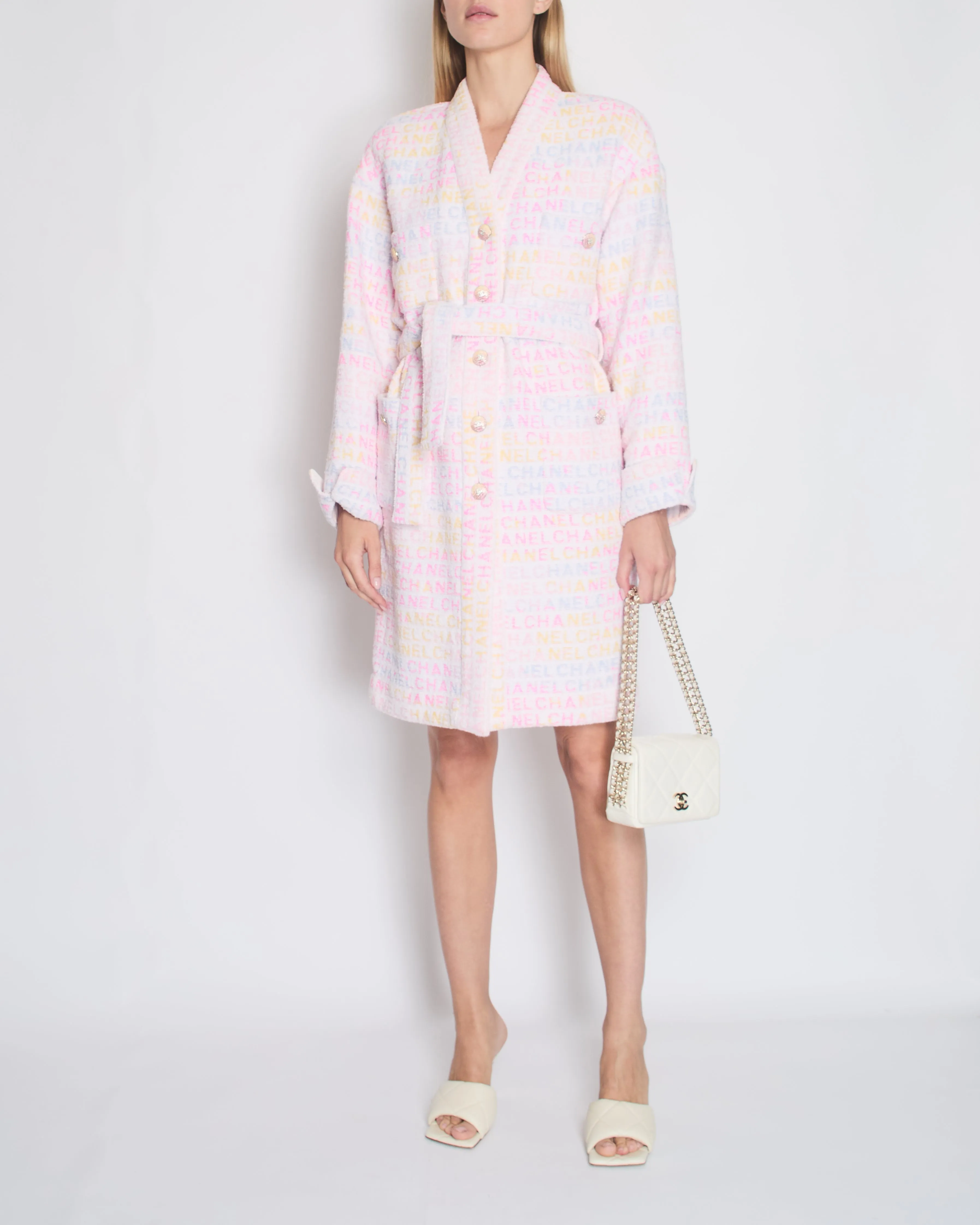 *super Hot*trendy Inspired  Chanel Resort 2024 Pink & White Robe Coat With Belt & Multi-coloured Chanel Logo Details Size Fr 36 (uk 8)