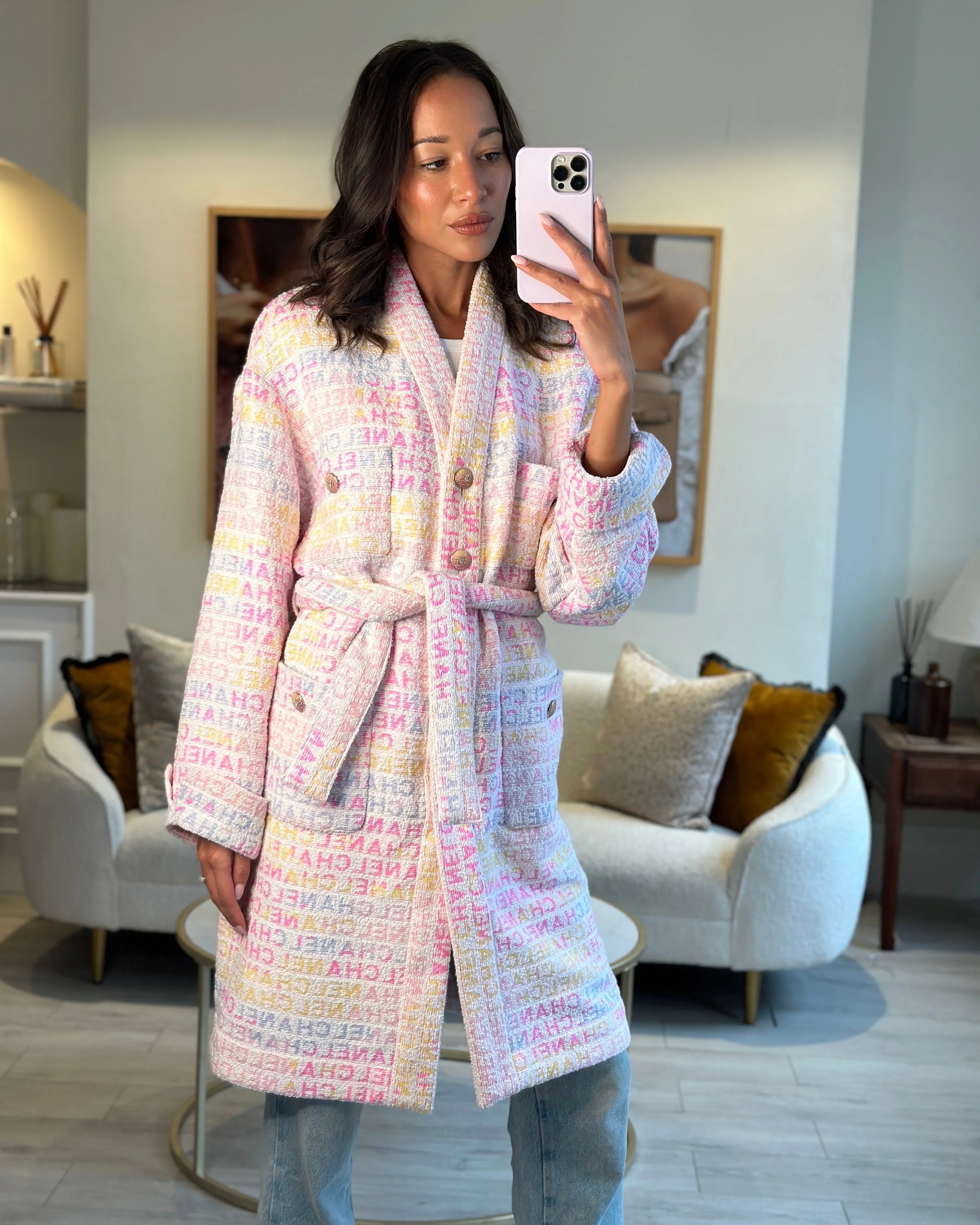 *super Hot*trendy Inspired  Chanel Resort 2024 Pink & White Robe Coat With Belt & Multi-coloured Chanel Logo Details Size Fr 36 (uk 8)