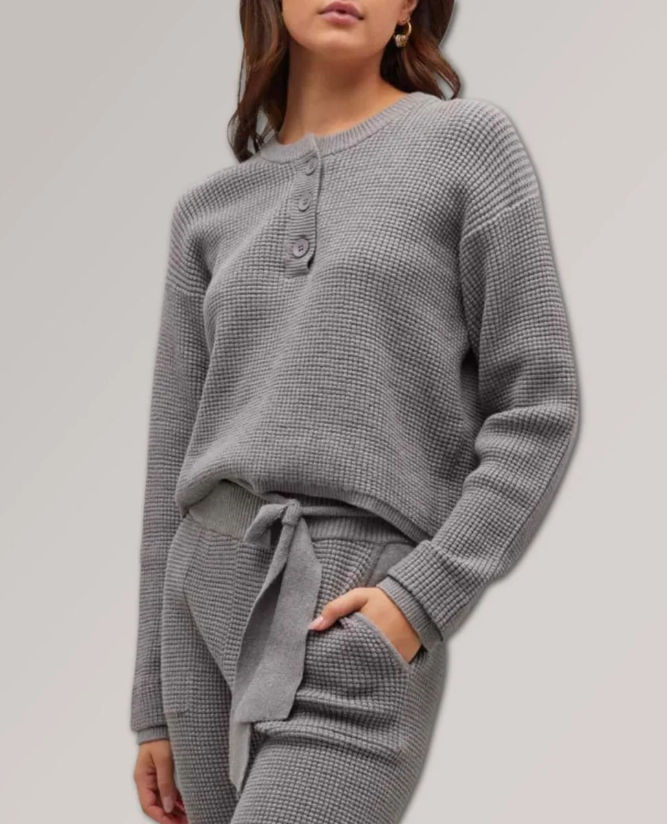 Supersoft Sweater-Knit Waffle Henley Top Dark Heath