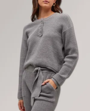 Supersoft Sweater-Knit Waffle Henley Top Dark Heath