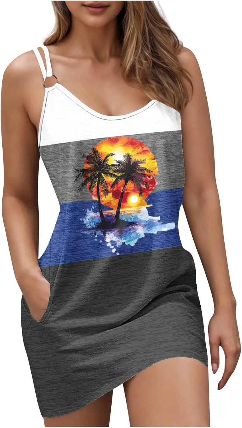 TARIENDY Women's Summer Dresses Casual Sleeveless Sundress Graphic Printed Mini Dress Beach Vacation Outfits with Pockets
