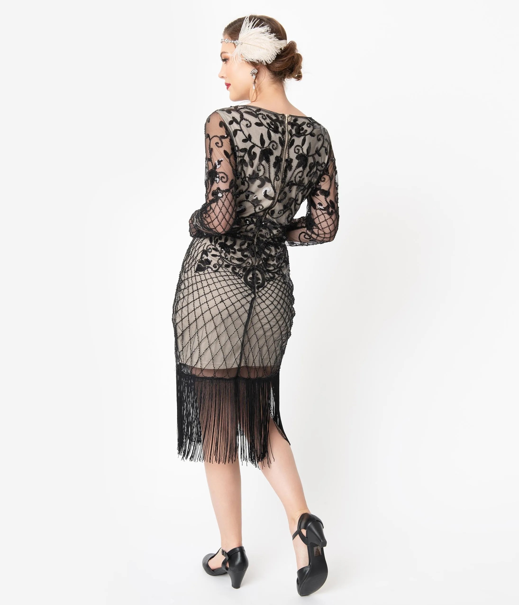 Unique Vintage Black & Beige Sleeved Fringe Saint Martin Flapper Dress