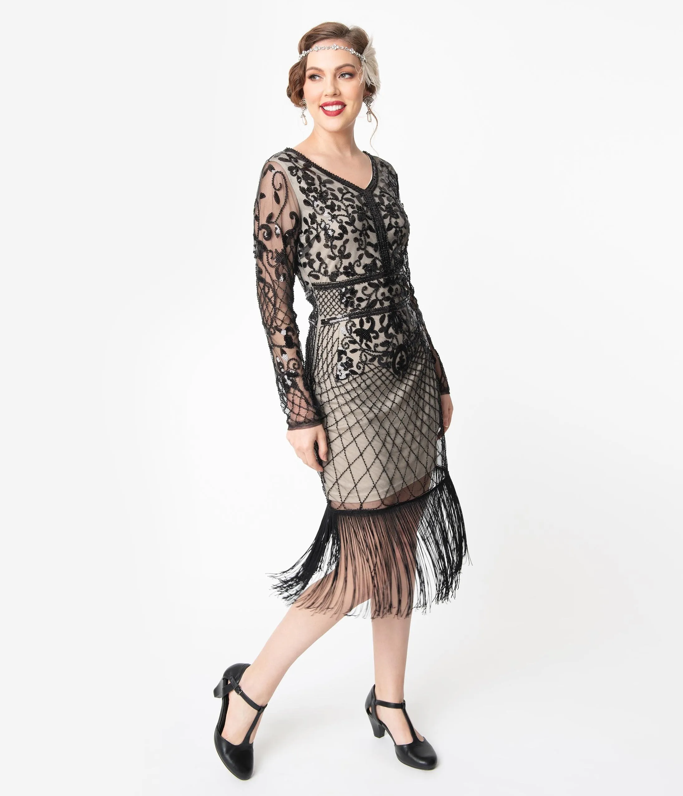 Unique Vintage Black & Beige Sleeved Fringe Saint Martin Flapper Dress