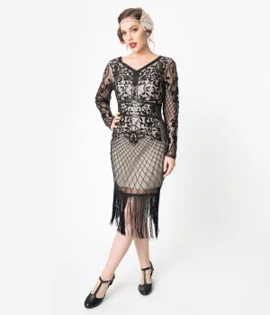 Unique Vintage Black & Beige Sleeved Fringe Saint Martin Flapper Dress