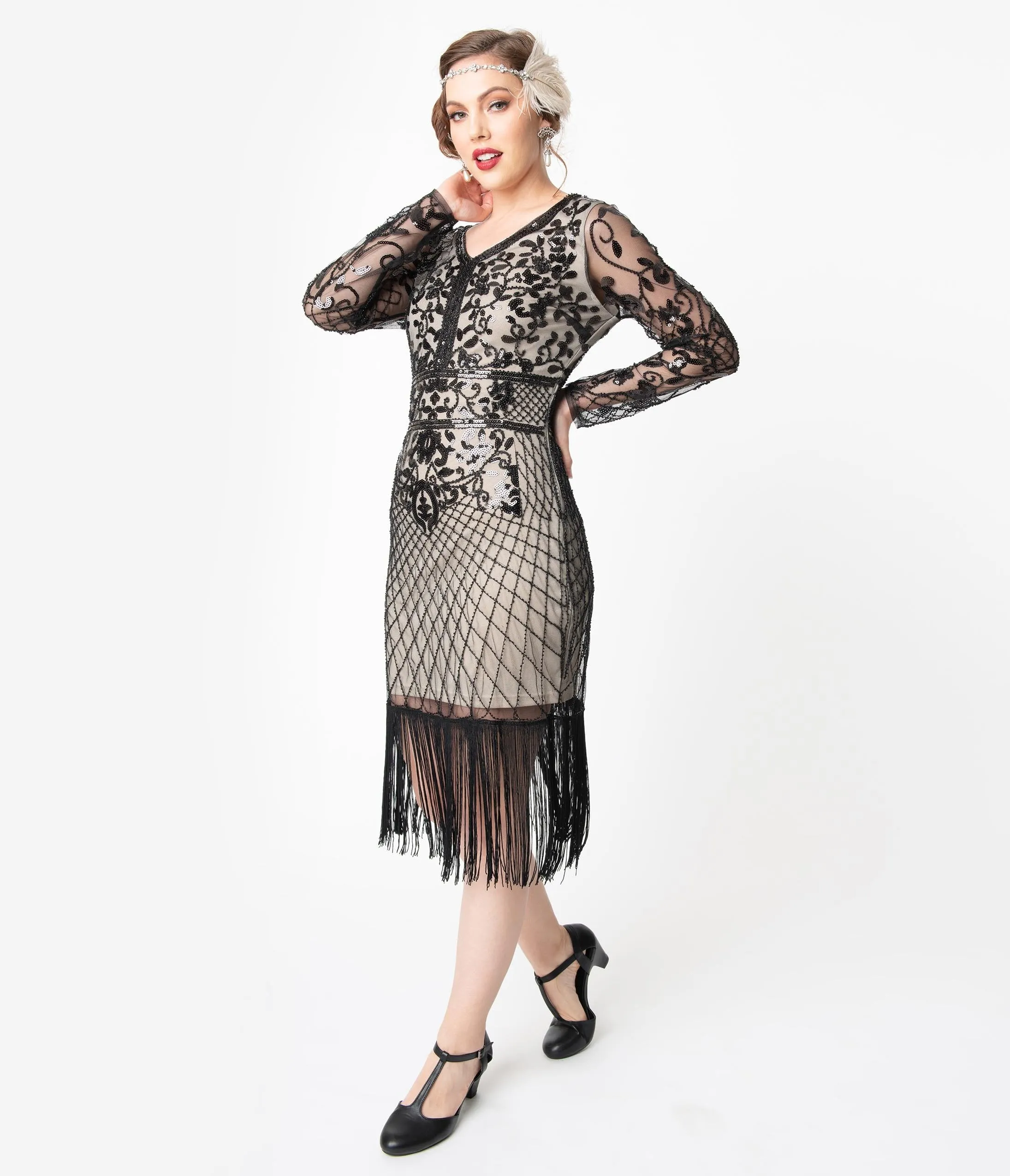 Unique Vintage Black & Beige Sleeved Fringe Saint Martin Flapper Dress