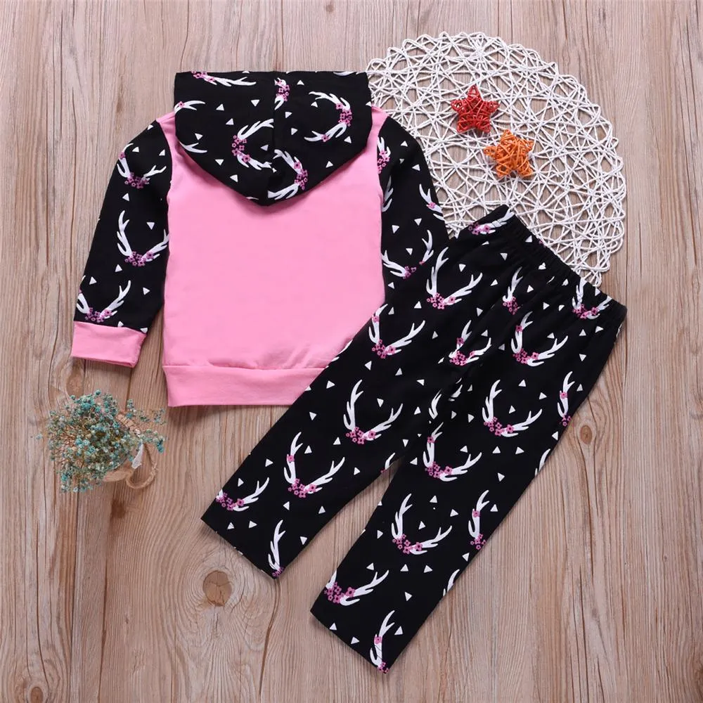 Unisex Antler Printed Hooded Long Sleeve Top & Pants Wholesale Childrens Clothing