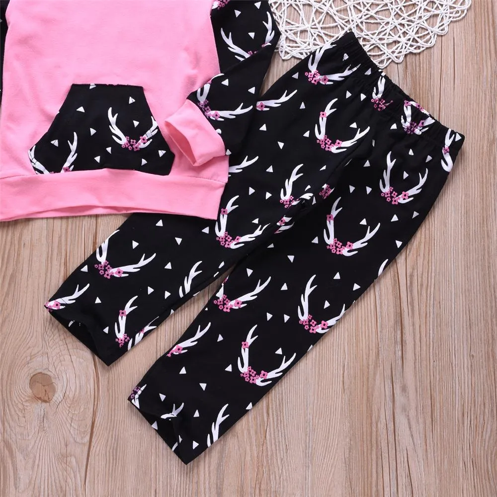 Unisex Antler Printed Hooded Long Sleeve Top & Pants Wholesale Childrens Clothing