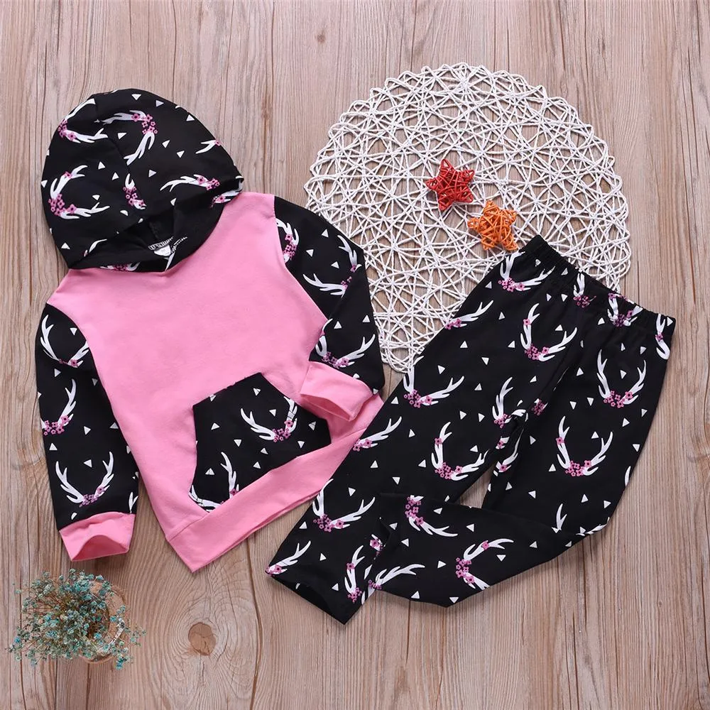 Unisex Antler Printed Hooded Long Sleeve Top & Pants Wholesale Childrens Clothing