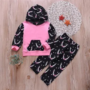 Unisex Antler Printed Hooded Long Sleeve Top & Pants Wholesale Childrens Clothing