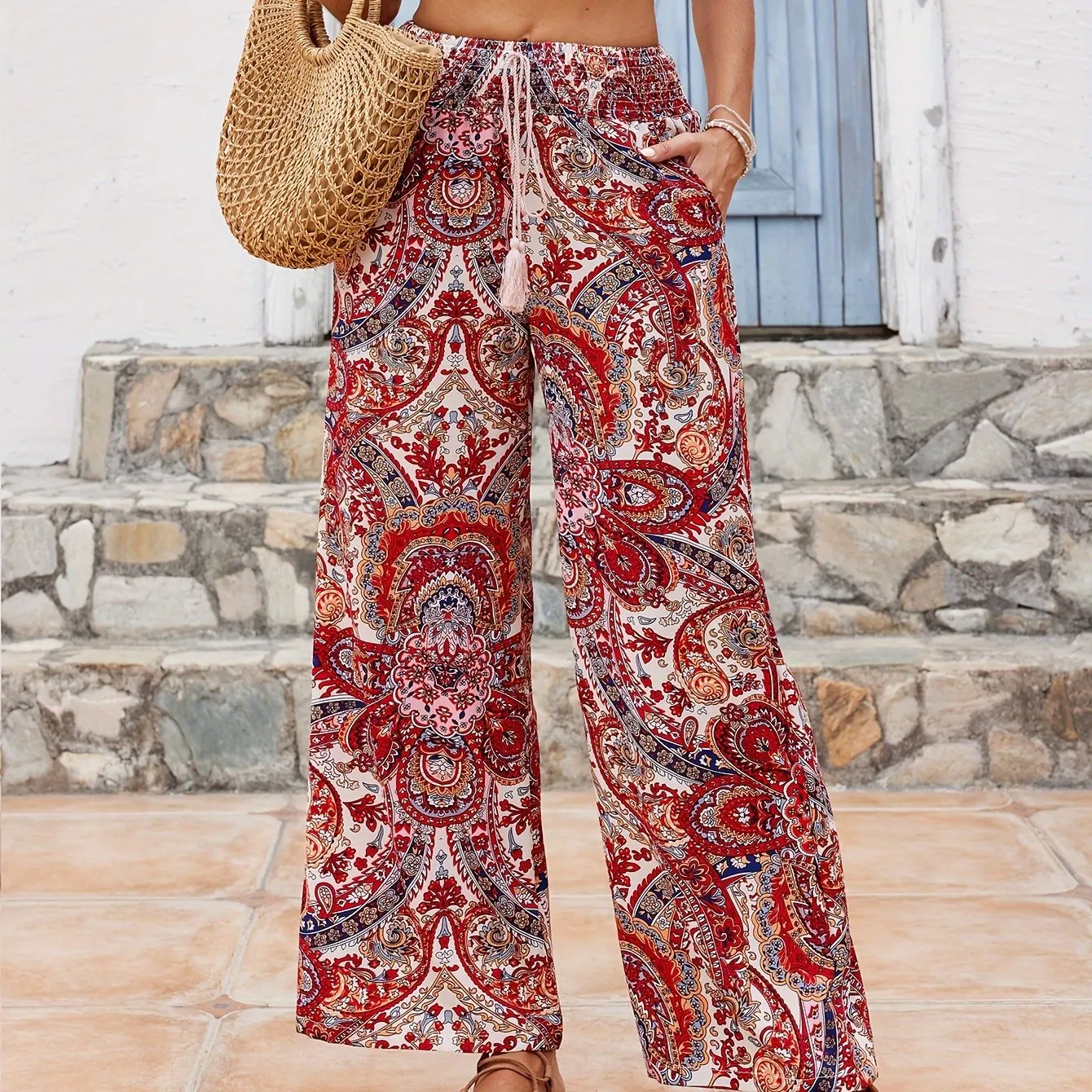 Vibrant Paisley Print Wide Leg Boho Pants - Women's Loose Fit Tassel Tied Spring & Summer Pants - Comfortable, Flowy, and Stylish Clothing for Women