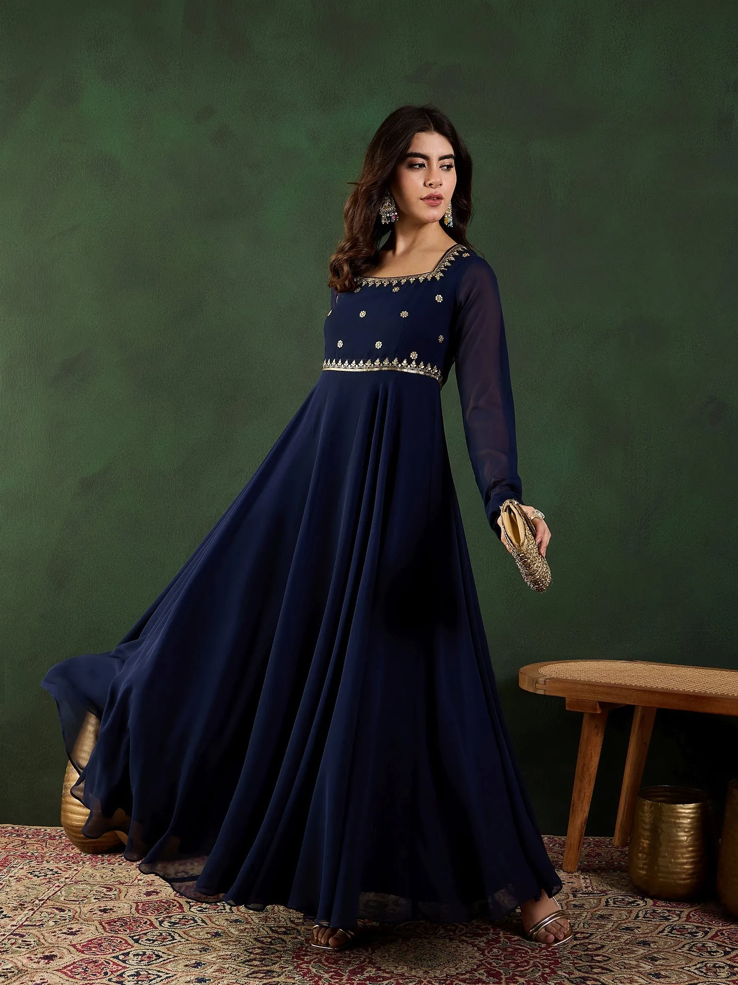 Women Floral Zari and Sequined Embroidered Fit - Flare Ethnic Dress
