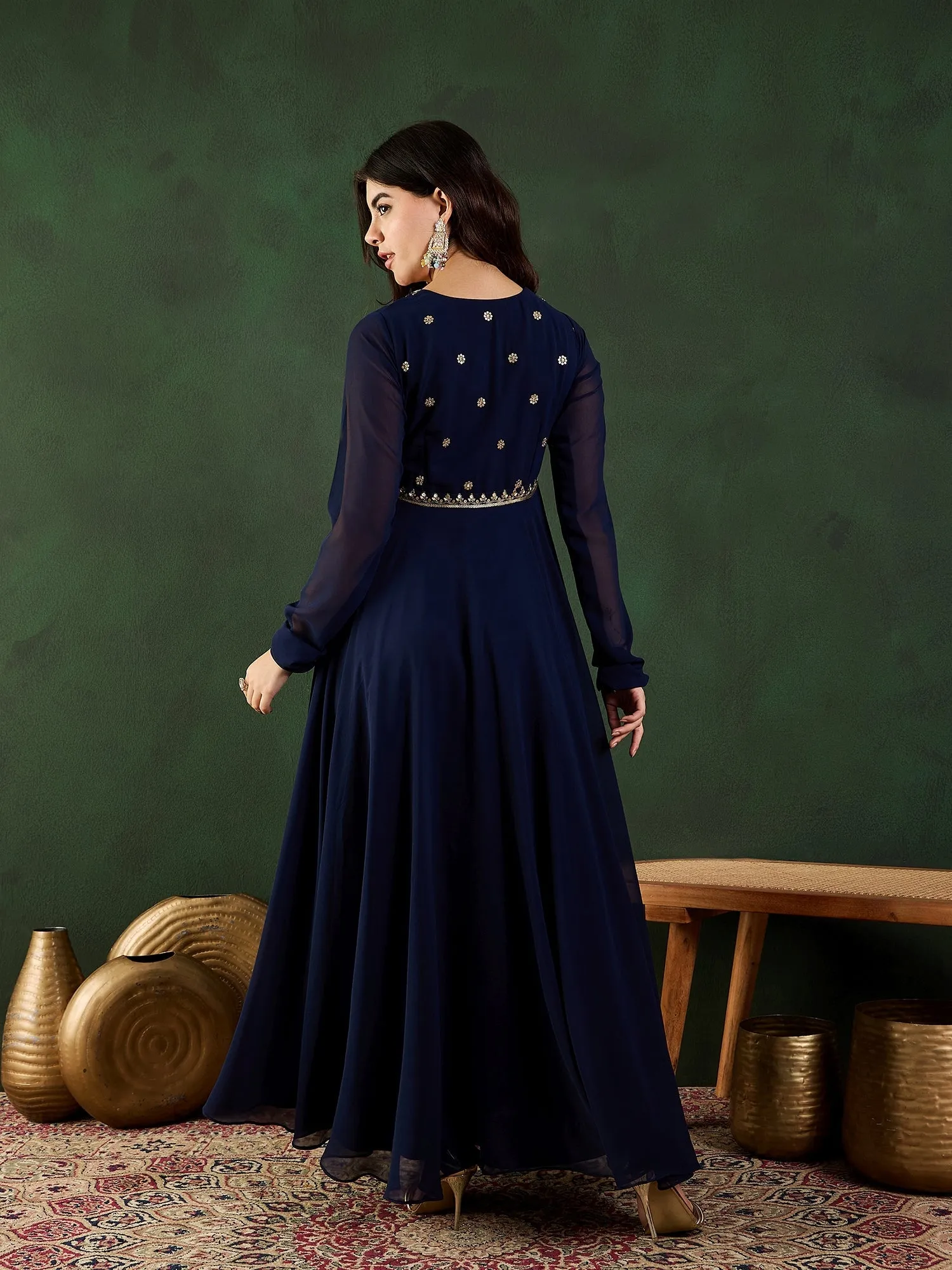 Women Floral Zari and Sequined Embroidered Fit - Flare Ethnic Dress