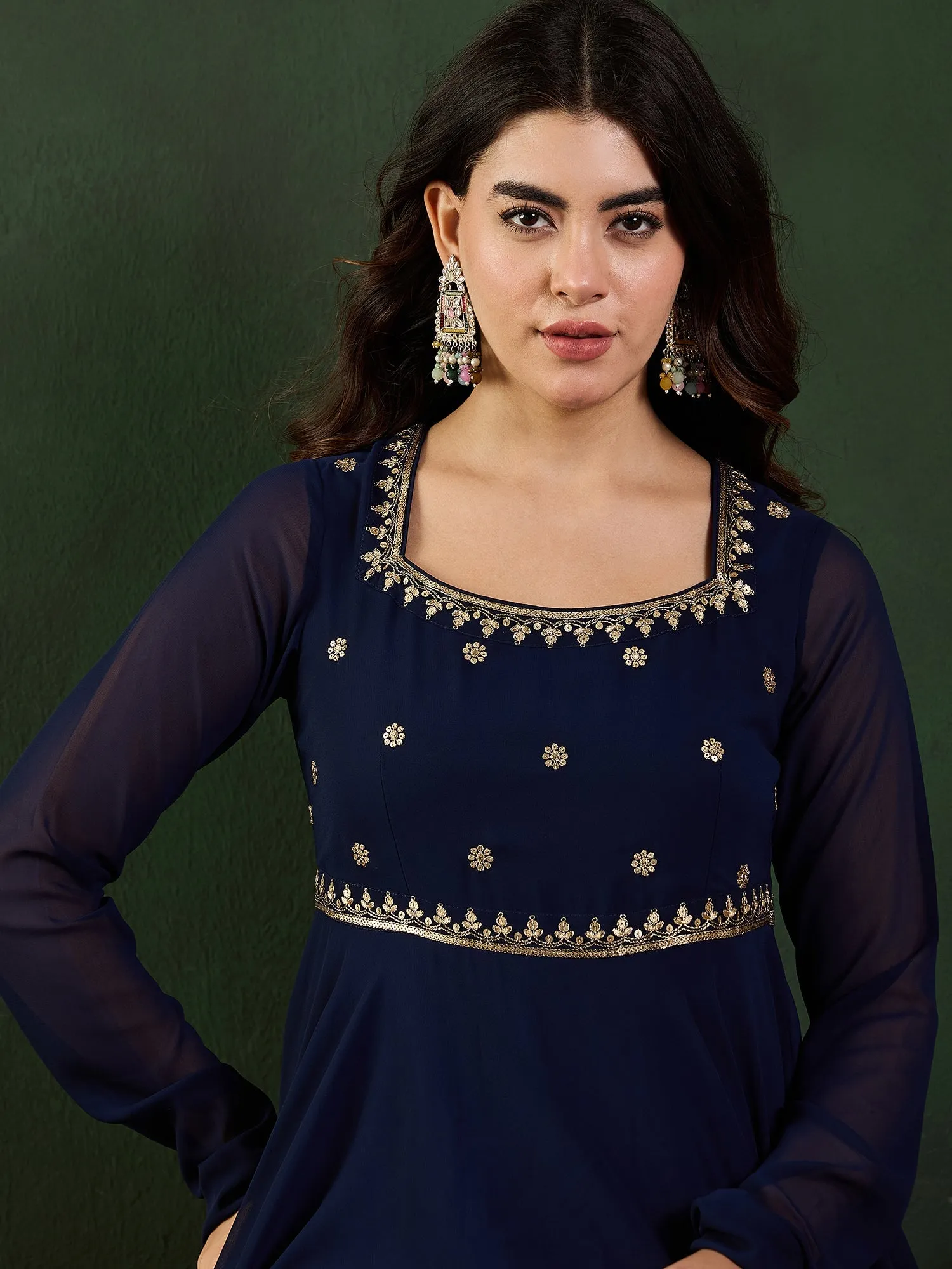 Women Floral Zari and Sequined Embroidered Fit - Flare Ethnic Dress