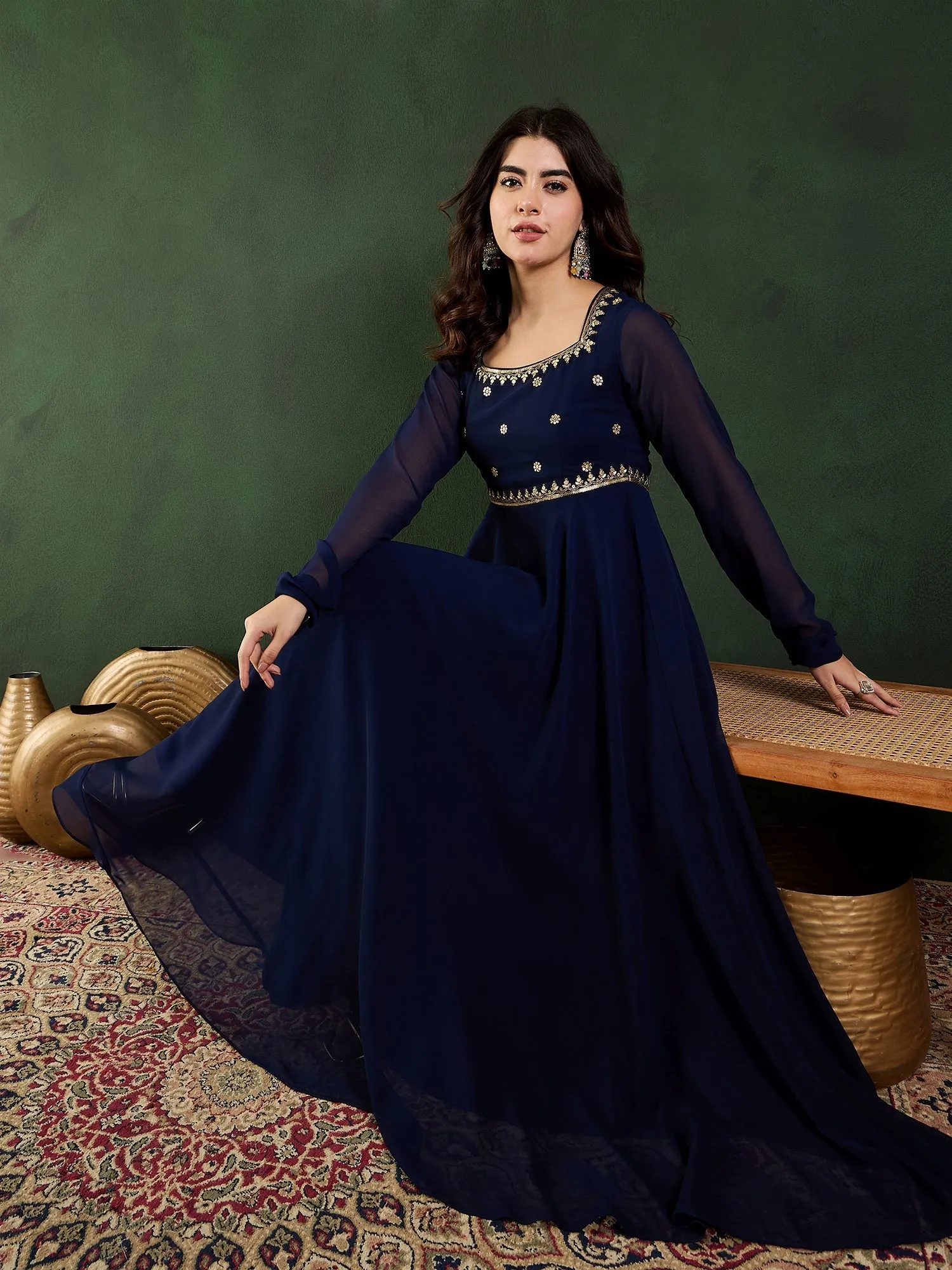 Women Floral Zari and Sequined Embroidered Fit - Flare Ethnic Dress