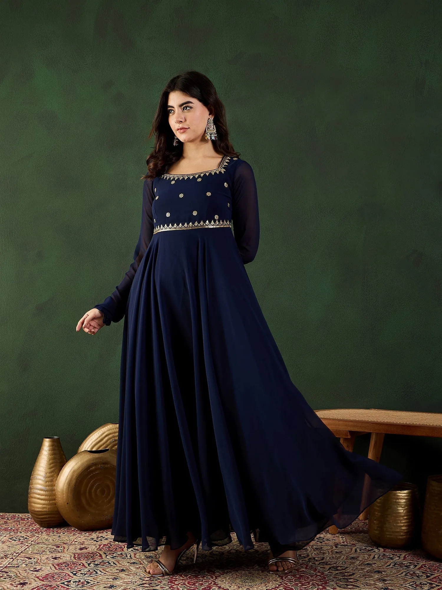 Women Floral Zari and Sequined Embroidered Fit - Flare Ethnic Dress