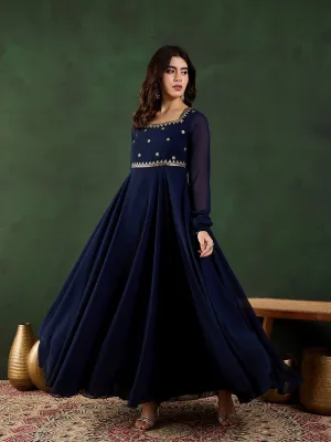 Women Floral Zari and Sequined Embroidered Fit - Flare Ethnic Dress