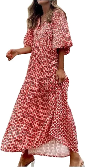 Women's Dresses Summer Maxi Dresses 2024 Casual Loose Swing Printed Midi Sleeve Dresses Beach, S-2XL