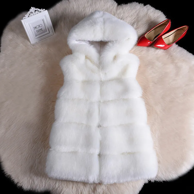 Women's Faux Fur Mid-Length Hooded Vest