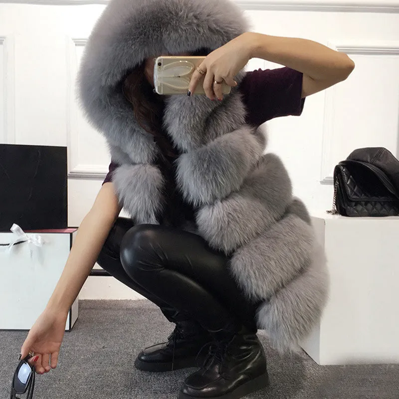Women's Faux Fur Mid-Length Hooded Vest