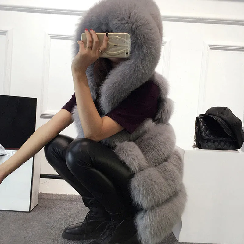 Women's Faux Fur Mid-Length Hooded Vest