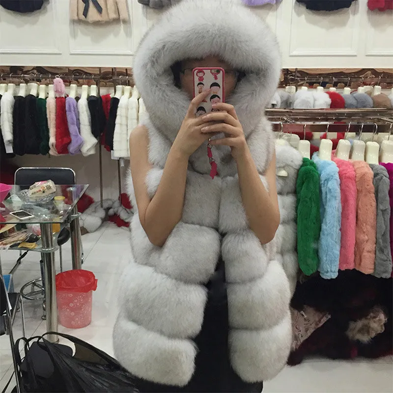 Women's Faux Fur Mid-Length Hooded Vest