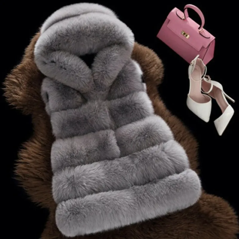 Women's Faux Fur Mid-Length Hooded Vest