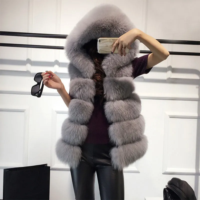 Women's Faux Fur Mid-Length Hooded Vest