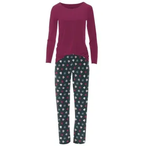 Women's Print Bamboo Long Sleeve Loosey Goosey Tee & Pajama Pants Set - Pine Happy Gumdrops
