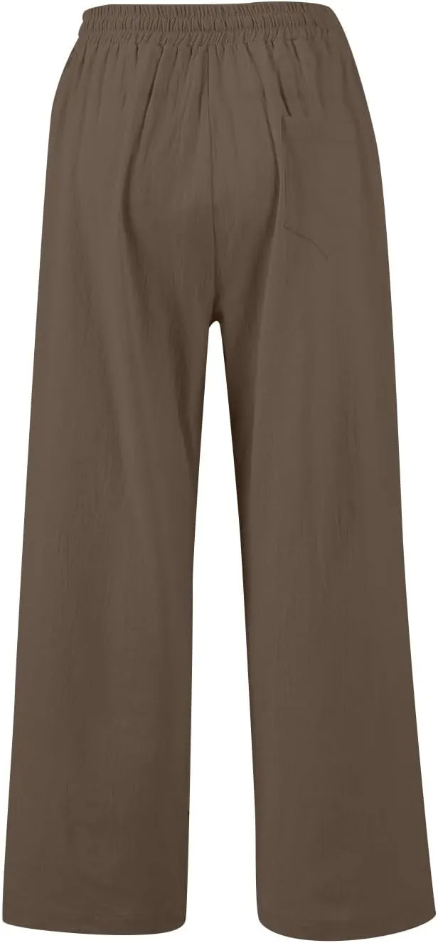 Womens Wide Leg Pants Linen 2025 Beach Summer Drawstring Elastic Waist Pants High Rise with Pocket Comfy Solid Trouser