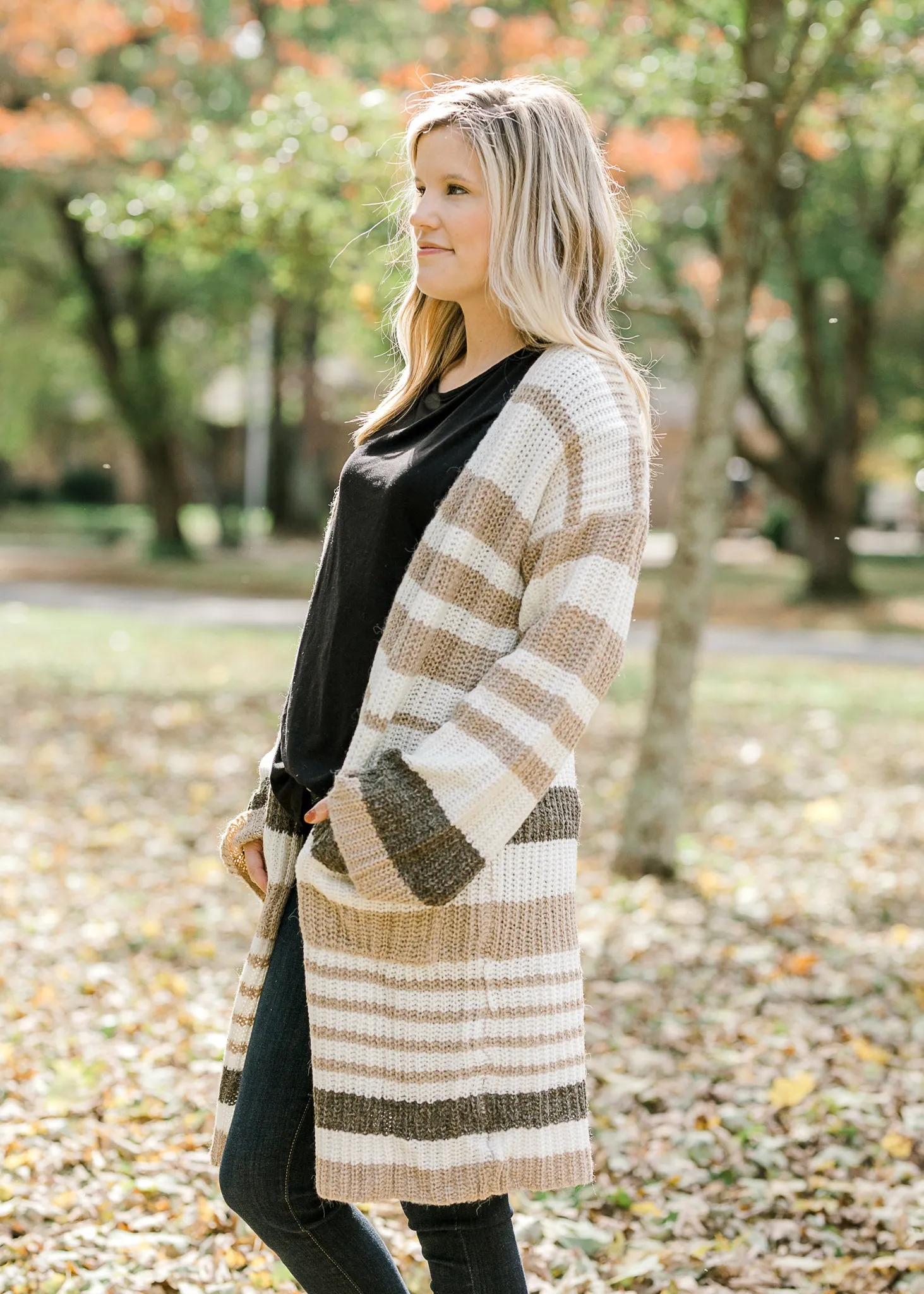 X Taupe Striped Cardigan